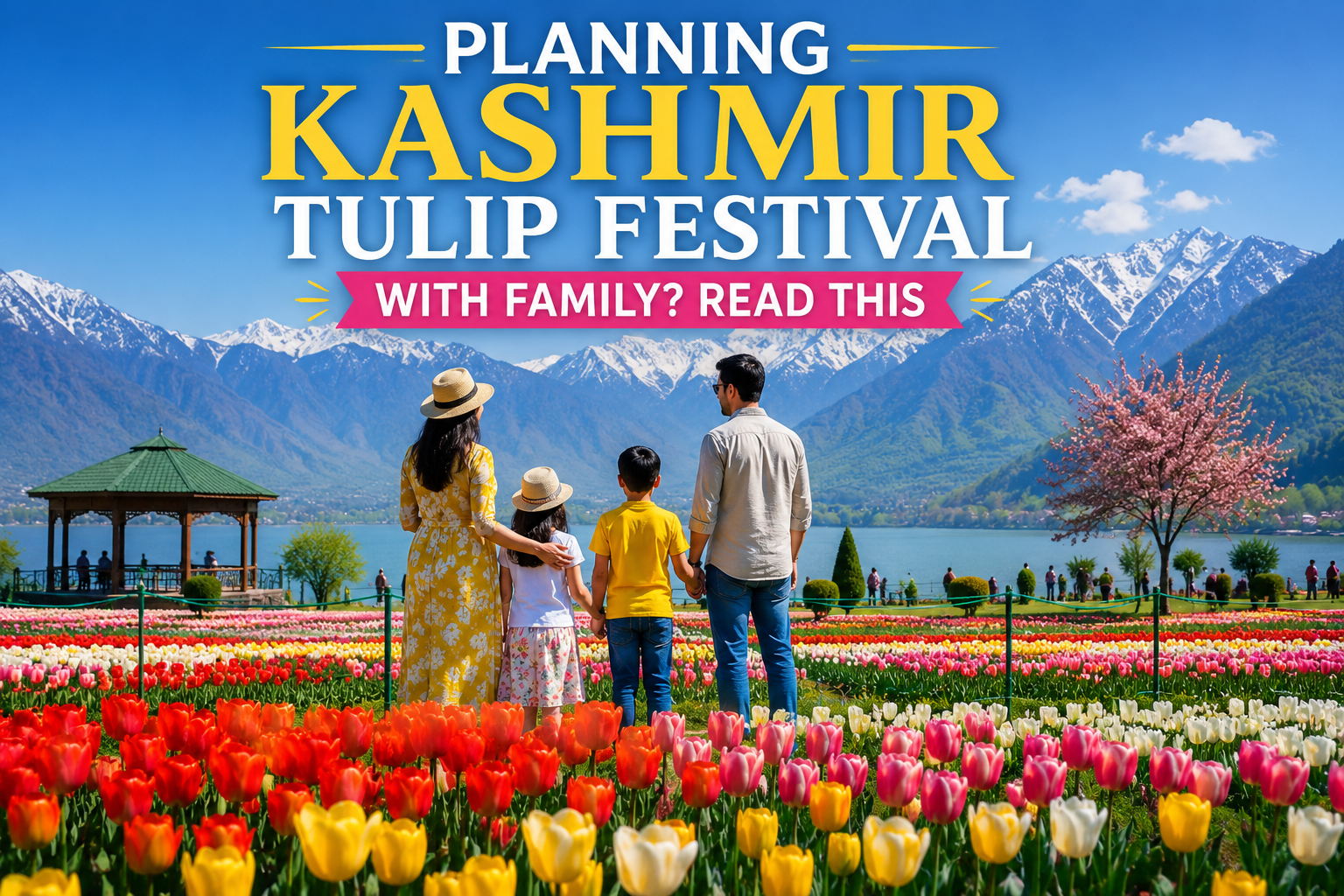 Family enjoying the colorful Kashmir Tulip Festival in Srinagar during the spring bloom season