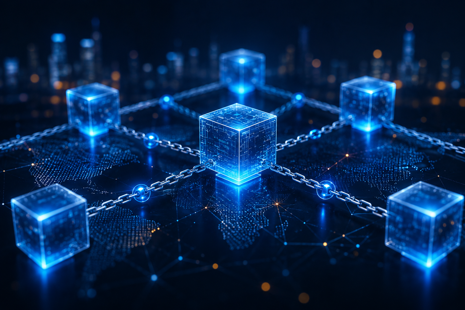 Blockchain technology concept showing a secure digital network with connected blocks representing distributed ledger technology