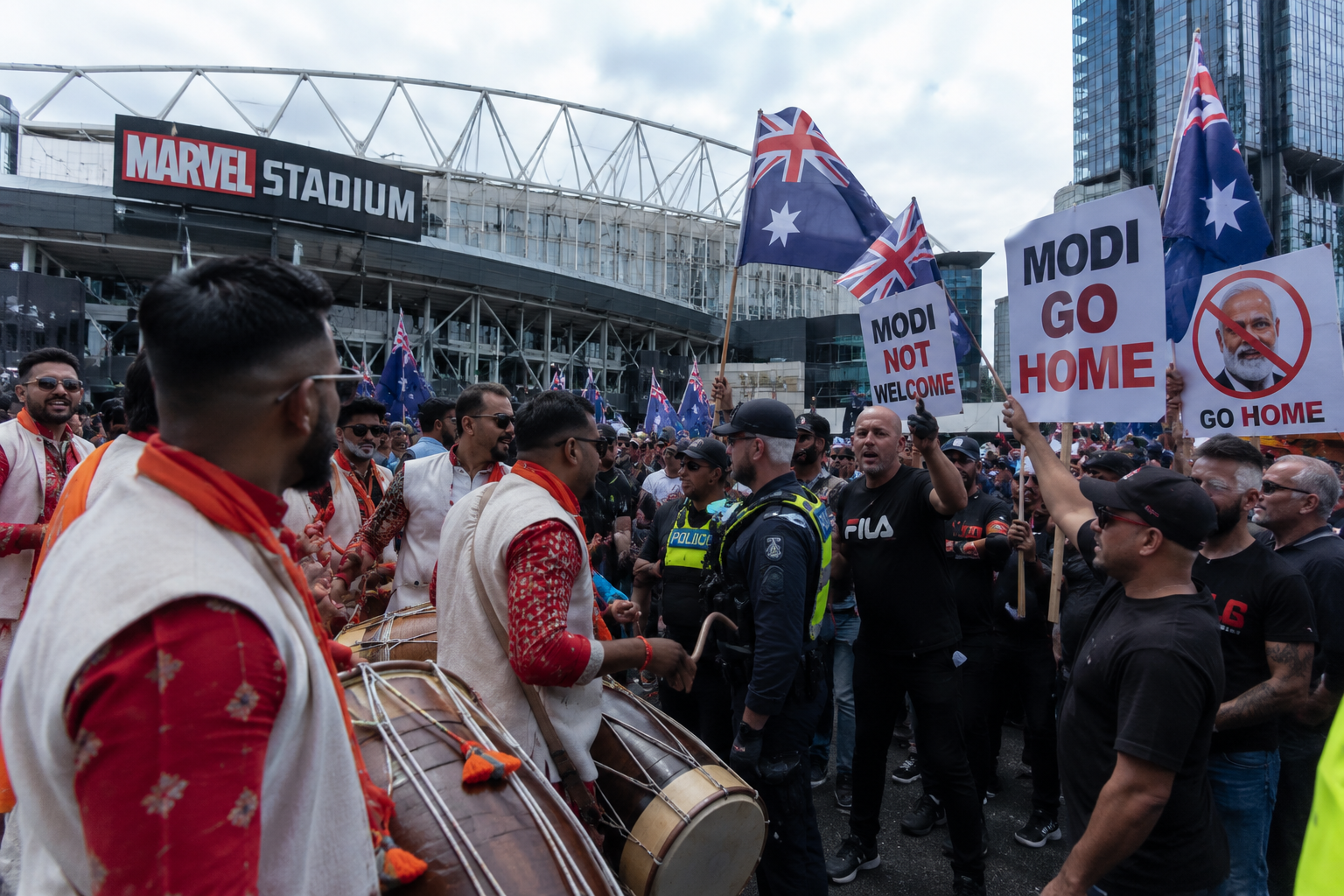 PM Modi Melbourne Visit Protest at Marvel Stadium with Indian diaspora gathering and protesters during the Australia visit in July 2026